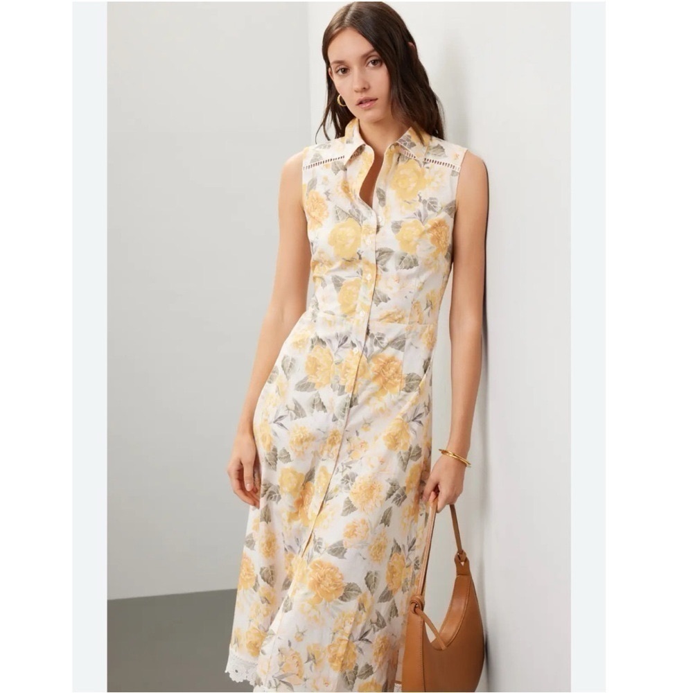 NEW Rachel Parcell Sleeveless Floral Midi Shirt Dress Ivory Yellow 10 - Picture 6 of 16